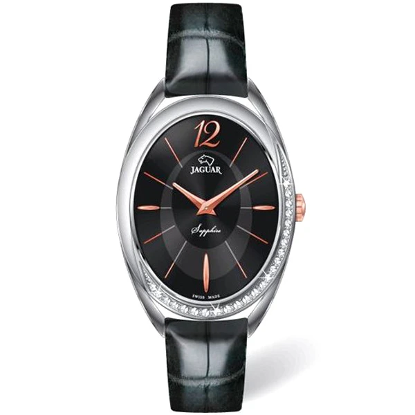 Дамски ръчен часовник с кварцов механизъм - корпус от Стомана - Естествена кожа - цвят Черен Черен