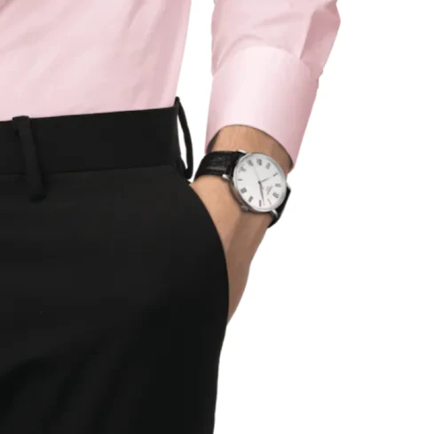 Мъжки ръчен часовник с кварцов механизъм - корпус от Стомана - Естествена кожа - цвят Бял Черен