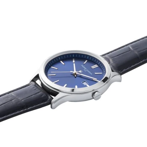 Мъжки ръчен часовник с кварцов механизъм - корпус от Стомана - Естествена кожа - цвят Син