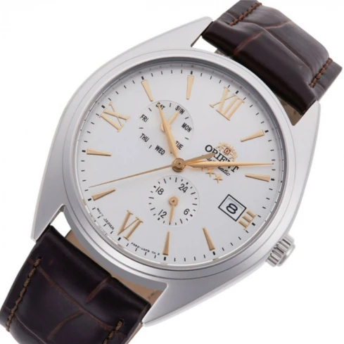 Мъжки ръчен часовник с автоматичен механизъм - корпус от Стомана - Естествена кожа - цвят Бял Кафяв