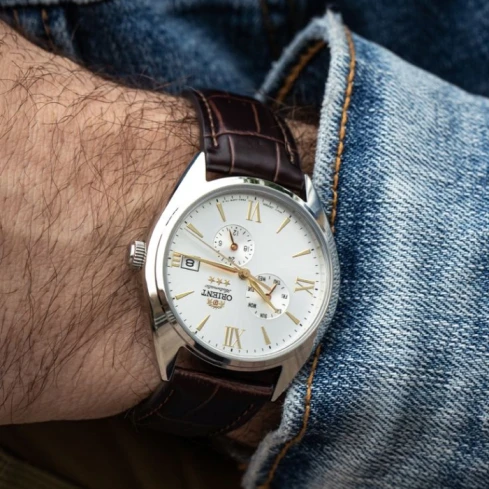 Orient RA-AK0508S Contemporary - Мъжки ръчен часовник с автоматичен механизъм - корпус от Стомана - Естествена кожа - цвят Бял Кафяв