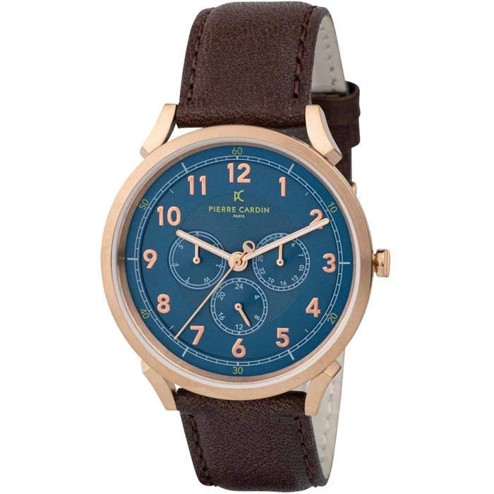 Мъжки ръчен часовник с кварцов механизъм - корпус от Стомана - Естествена кожа - цвят Син Кафяв