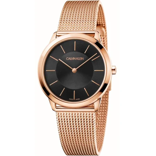 Calvin Klein K3M2262Y Minimal - Дамски ръчен часовник с кварцов механизъм - корпус от Стомана - Меш - цвят Черен Розово Злато