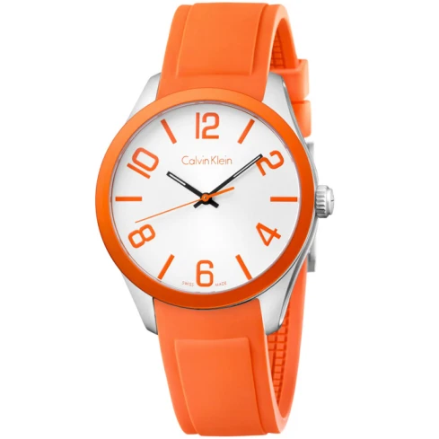 Calvin Klein K5E51YY6 Color - Мъжки ръчен часовник с кварцов механизъм - корпус от Стомана и алуминий - Силиконова каишка - цвят Бял Оранжев