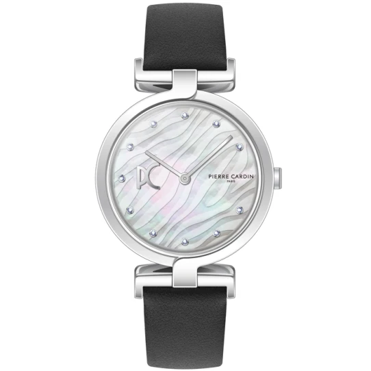 Дамски ръчен часовник с кварцов механизъм - корпус от Стомана - Естествена кожа - цвят Седеф Черен