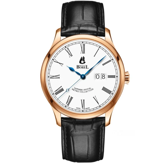 Ernest Borel GGR8680T6-48551BK Retro - Мъжки ръчен часовник с автоматичен механизъм - корпус от Стомана - Естествена кожа - цвят Бял Черен