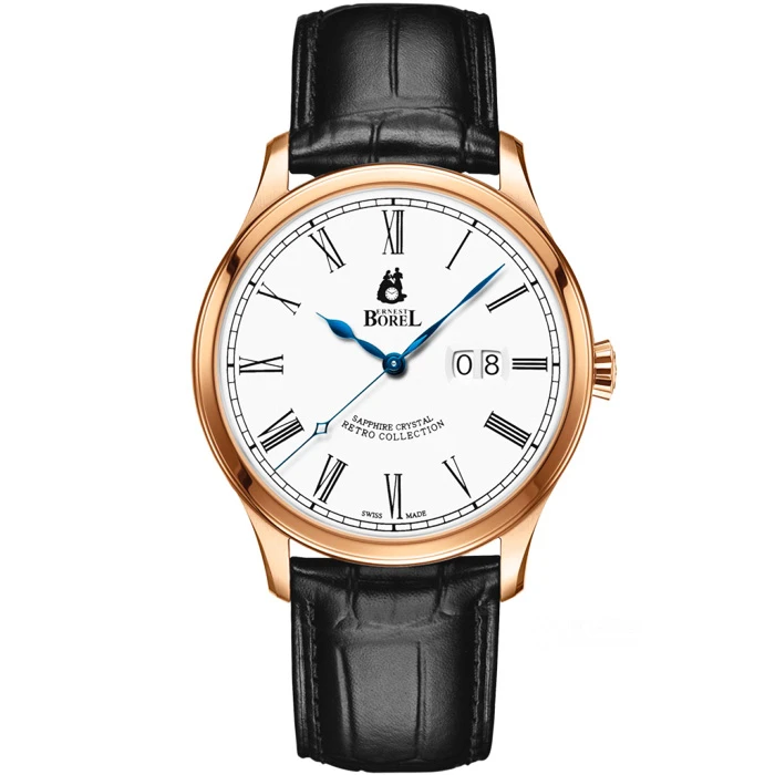 Мъжки ръчен часовник с автоматичен механизъм - корпус от Стомана - Естествена кожа - цвят Бял Черен