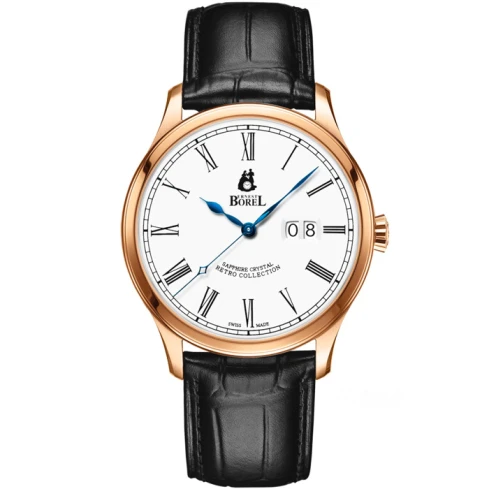 Ernest Borel GGR8680T6-48551BK Retro - Мъжки ръчен часовник с автоматичен механизъм - корпус от Стомана - Естествена кожа - цвят Бял Черен