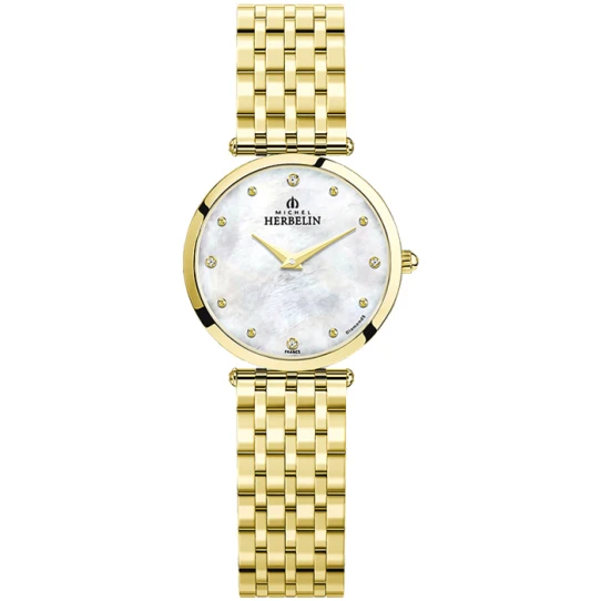 Дамски ръчен часовник с кварцов механизъм - корпус от Стомана - Стоманена верижка - цвят Седеф Злато