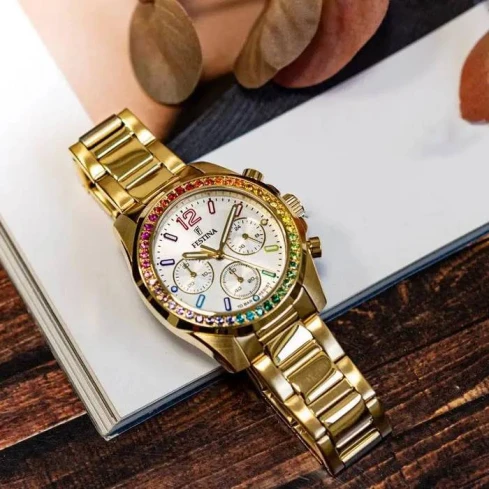 Мъжки ръчен часовник с кварцов механизъм - корпус от Стомана - Стоманена верижка - цвят Седеф Злато