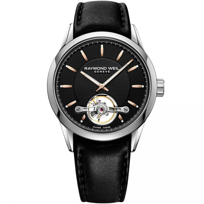 Мъжки ръчен часовник с автоматичен механизъм - корпус от Стомана - Естествена кожа - цвят Черен Черен