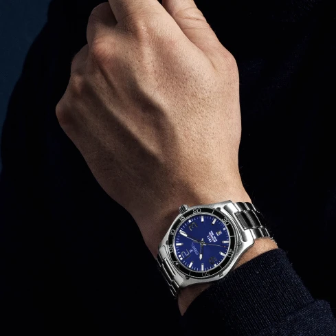 Мъжки ръчен часовник с автоматичен механизъм - корпус от Стомана и алуминий - Стоманена верижка - цвят Син Сив