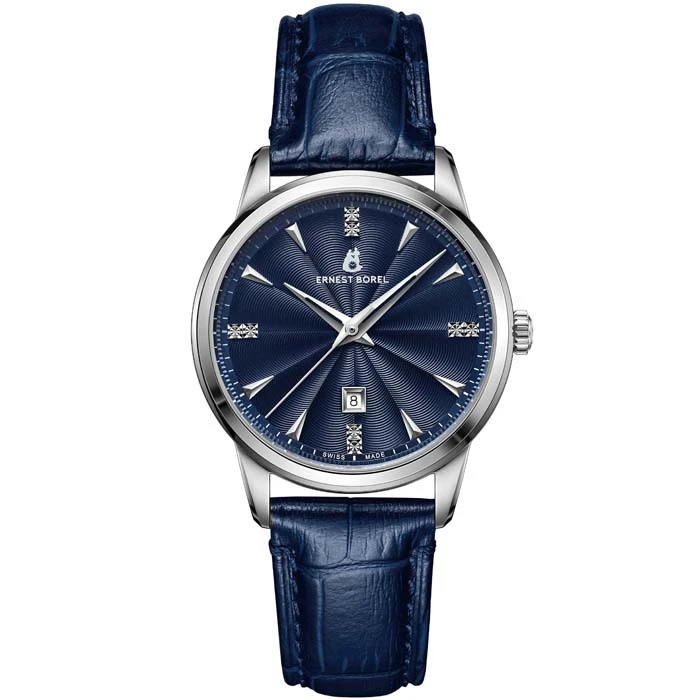 Дамски ръчен часовник с кварцов механизъм - корпус от Стомана - Естествена кожа - цвят Син Син