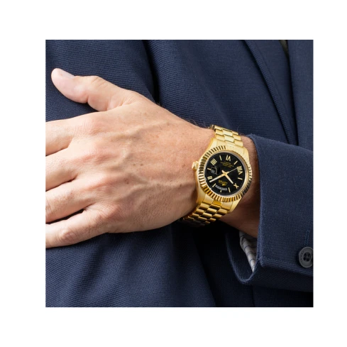 Мъжки ръчен часовник с кварцов механизъм - корпус от Стомана и злато 18К - Стоманена верижка - цвят Черен