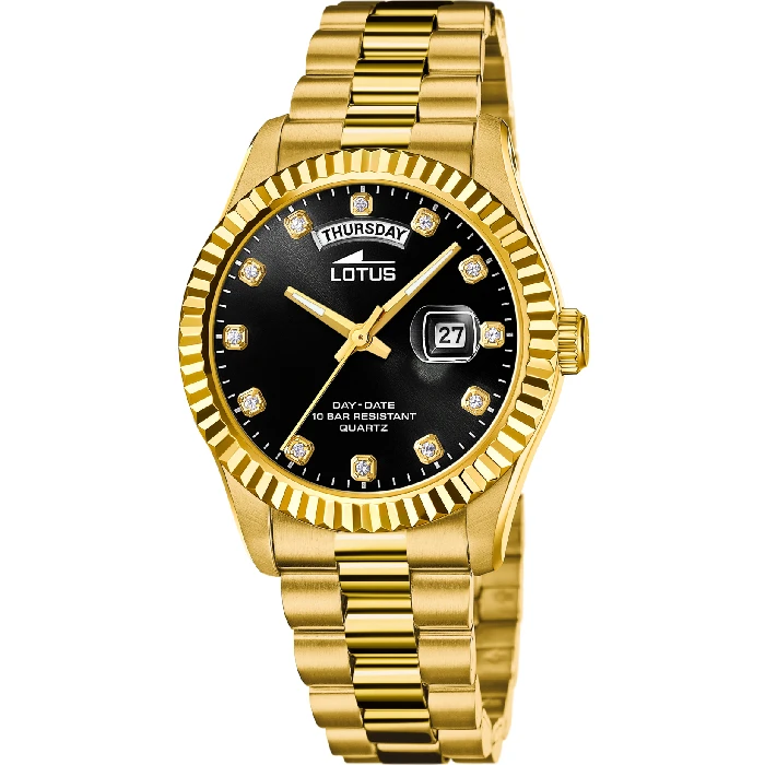 Мъжки ръчен часовник с кварцов механизъм - корпус от Стомана и злато 18К - Стоманена верижка - цвят Черен