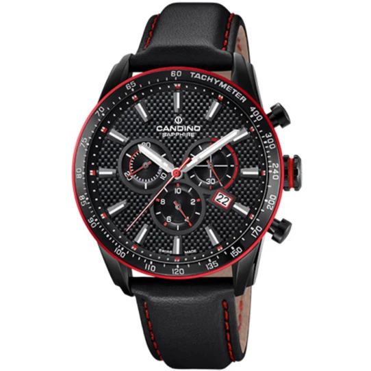 Мъжки ръчен часовник с кварцов механизъм - корпус от Стомана - Естествена кожа - цвят Черен Червен