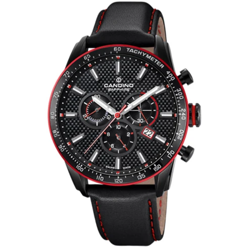 Мъжки ръчен часовник с кварцов механизъм - корпус от Стомана - Естествена кожа - цвят Черен Червен