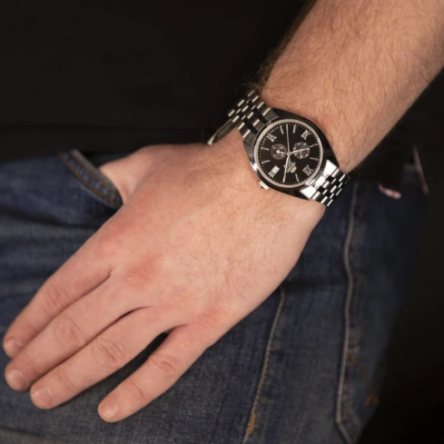 Мъжки ръчен часовник с автоматичен механизъм - корпус от Стомана - Стоманена верижка - цвят Черен