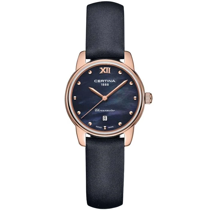 Дамски ръчен часовник с кварцов механизъм - корпус от Стомана - Естествена кожа - цвят Седеф Черен