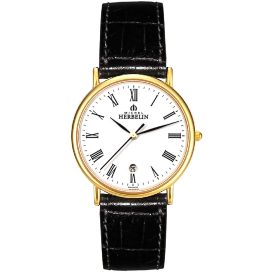 Мъжки ръчен часовник с кварцов механизъм - корпус от Стомана - Естествена кожа - цвят Бял Черен