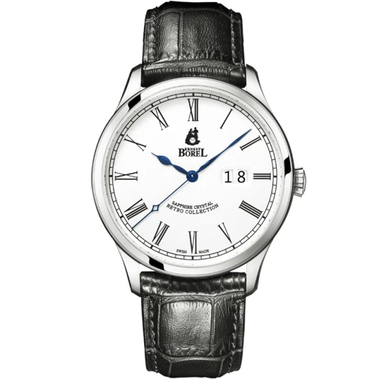 Ernest Borel GS8680T6-48551BK Retro - Мъжки ръчен часовник с автоматичен механизъм - корпус от Стомана - Естествена кожа - цвят Бял Черен