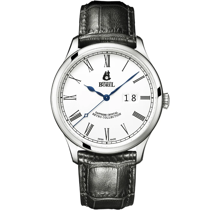 Мъжки ръчен часовник с автоматичен механизъм - корпус от Стомана - Естествена кожа - цвят Бял Черен