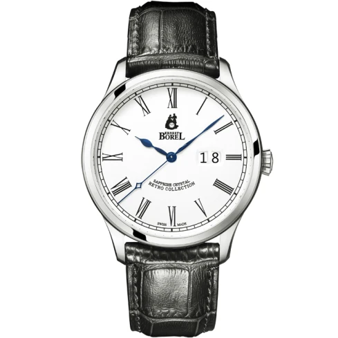 Ernest Borel GS8680T6-48551BK Retro - Мъжки ръчен часовник с автоматичен механизъм - корпус от Стомана - Естествена кожа - цвят Бял Черен