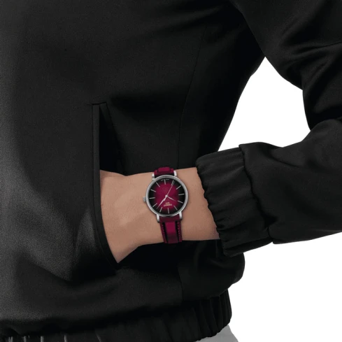 Дамски ръчен часовник с кварцов механизъм - корпус от Стомана - Синтетична кожа - цвят Червен Сив