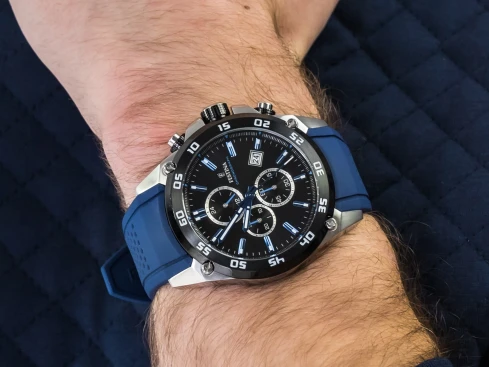 Мъжки ръчен часовник с кварцов механизъм - корпус от Стомана - Силиконова каишка - цвят Син Син