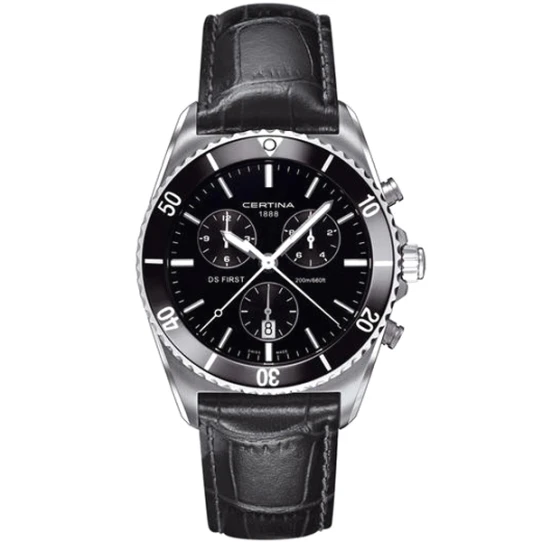 Мъжки ръчен часовник с кварцов механизъм - корпус от Стомана и керамика - Естествена кожа - цвят Черен Черен