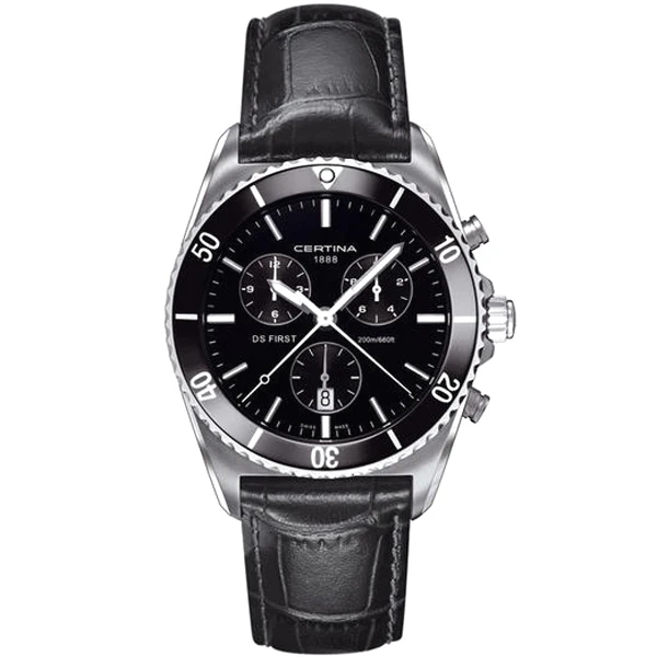 Мъжки ръчен часовник с кварцов механизъм - корпус от Стомана и керамика - Естествена кожа - цвят Черен Черен