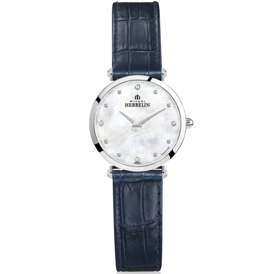 Дамски ръчен часовник с кварцов механизъм - корпус от Стомана - Естествена кожа - цвят Седеф Син