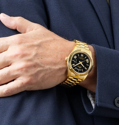 Мъжки ръчен часовник с кварцов механизъм - корпус от Стомана - Стоманена верижка - цвят Черен Злато