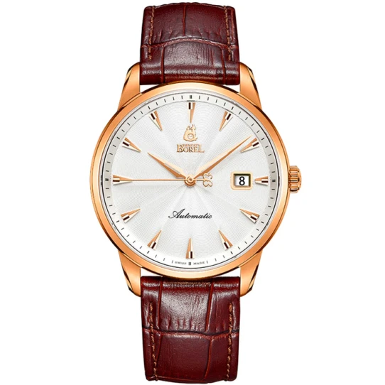 Мъжки ръчен часовник с автоматичен механизъм - корпус от Стомана - Естествена кожа - цвят Бял Кафяв