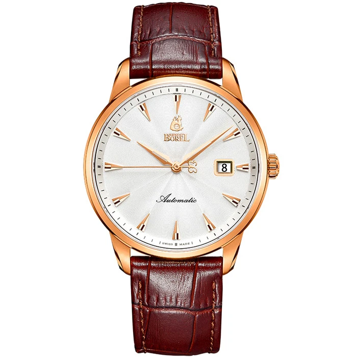 Мъжки ръчен часовник с автоматичен механизъм - корпус от Стомана - Естествена кожа - цвят Бял Кафяв