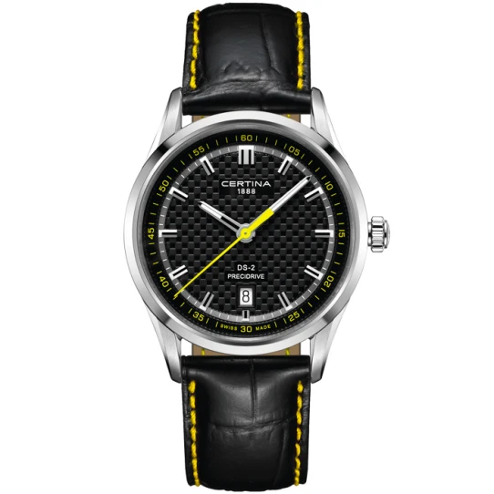 Мъжки ръчен часовник с кварцов механизъм - корпус от Стомана - Естествена кожа - цвят Черен Жълт