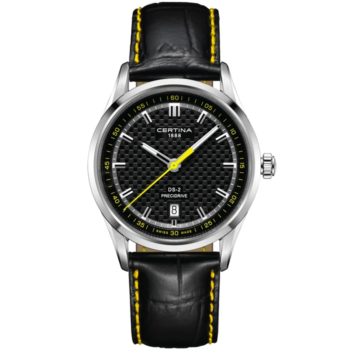 Мъжки ръчен часовник с кварцов механизъм - корпус от Стомана - Естествена кожа - цвят Черен Жълт