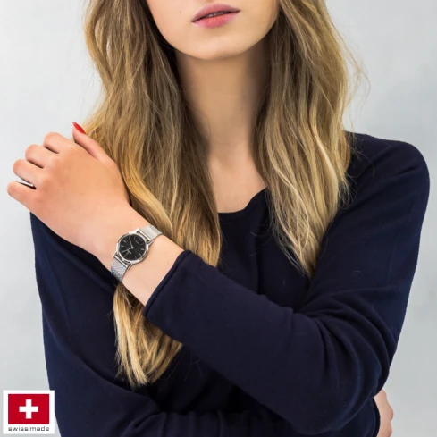 Дамски ръчен часовник с кварцов механизъм - корпус от Стомана - Меш - цвят Черен