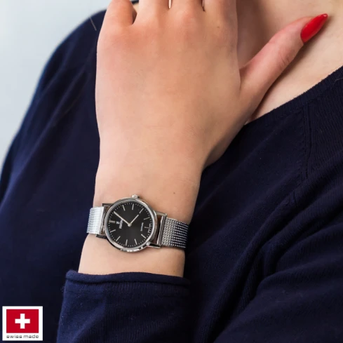 Дамски ръчен часовник с кварцов механизъм - корпус от Стомана - Меш - цвят Черен