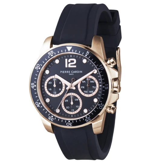 Мъжки ръчен часовник с кварцов механизъм - корпус от Стомана - Каучук - цвят Черен Розово Злато