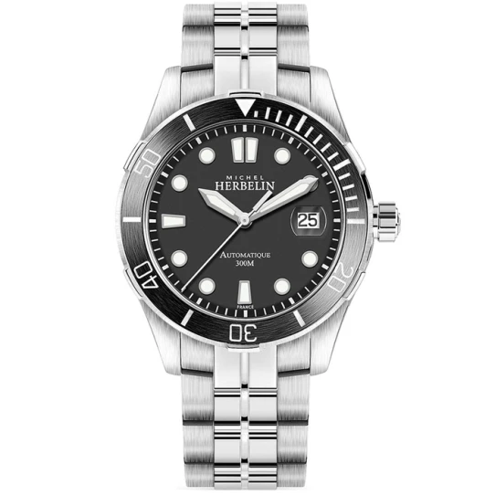 Мъжки ръчен часовник с автоматичен механизъм - корпус от Стомана и керамика - Стоманена верижка - цвят Черен Сив