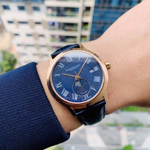 Дамски ръчен часовник с автоматичен механизъм - корпус от Стомана - Естествена кожа - цвят Син Розово Злато