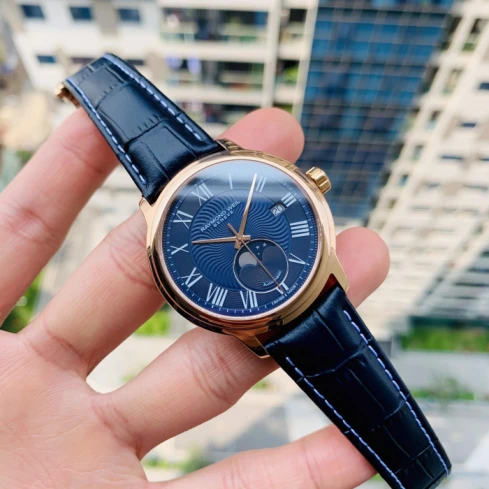 Дамски ръчен часовник с автоматичен механизъм - корпус от Стомана - Естествена кожа - цвят Син Розово Злато