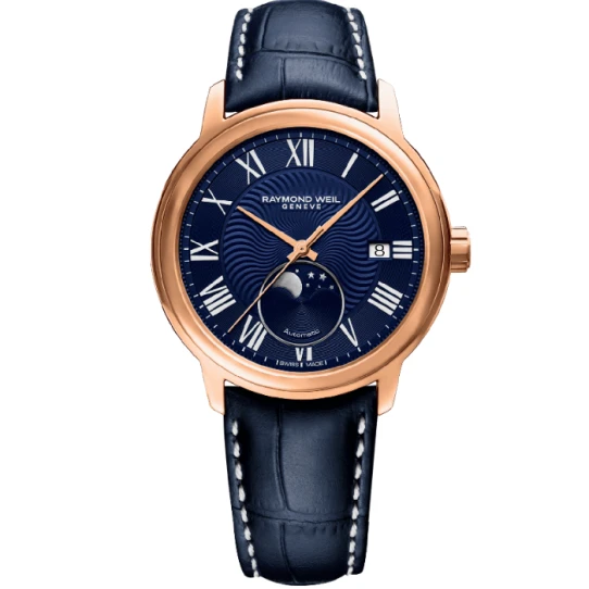 Дамски ръчен часовник с автоматичен механизъм - корпус от Стомана - Естествена кожа - цвят Син Розово Злато