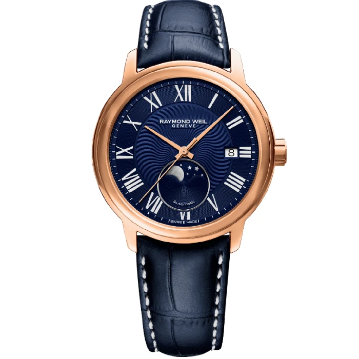 Дамски ръчен часовник с автоматичен механизъм - корпус от Стомана - Естествена кожа - цвят Син Розово Злато