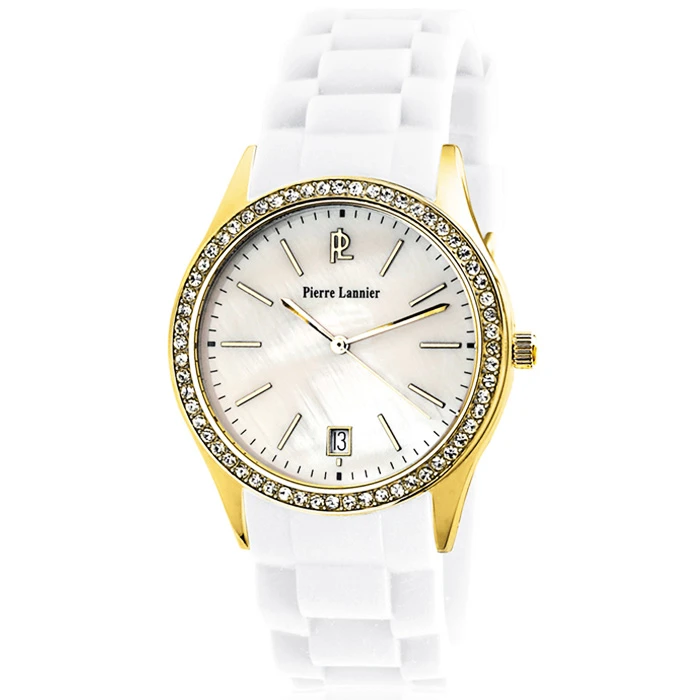 Дамски ръчен часовник с кварцов механизъм - корпус от Стомана - Силиконова каишка - цвят Седеф Бял