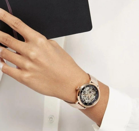 Дамски ръчен часовник с автоматичен механизъм - корпус от Стомана - Меш - цвят Скелетон Розово Злато