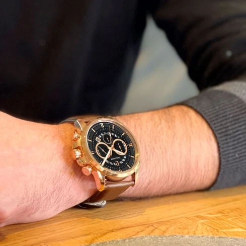 Мъжки ръчен часовник с кварцов механизъм - корпус от Розово злато - Естествена кожа - цвят Черен