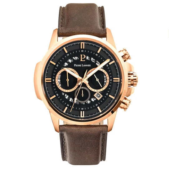 Мъжки ръчен часовник с кварцов механизъм - корпус от Розово злато - Естествена кожа - цвят Черен