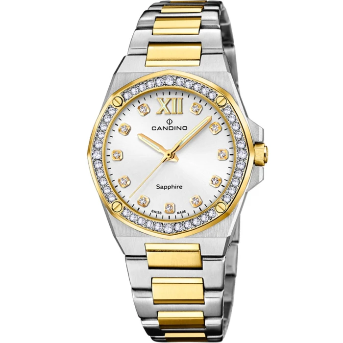 Дамски ръчен часовник с кварцов механизъм - корпус от Стомана и злато 18К - Стоманена верижка - цвят Седеф